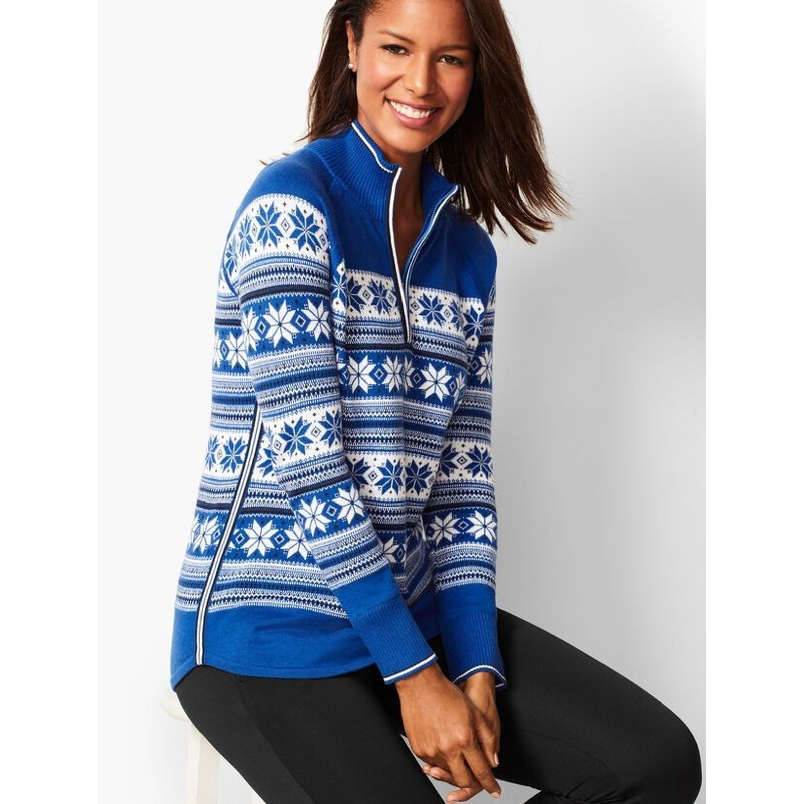 Talbots Blue White Slowflake Striped 1/2 Zip Soft Winter Sweater Size Medium